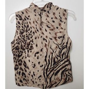 Kenar Womens Beige Animal Print 100% Silk Sleeveless Blouse Sz 10 Mock‎ Neck Zip